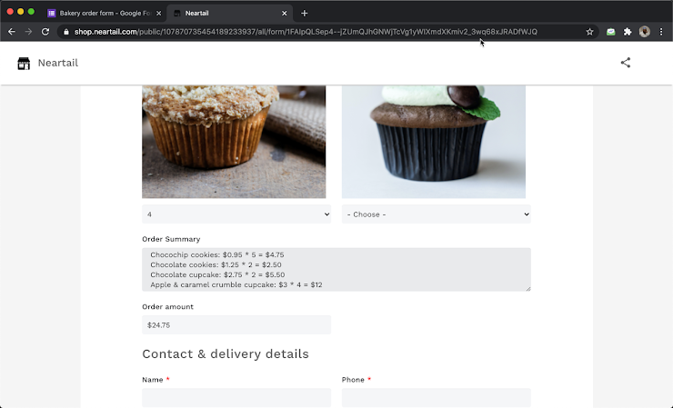 The list of products ordered by the user along with its price and amount will be displayed as shown below. This bill will also be recorded in Google Forms when users submit the form.