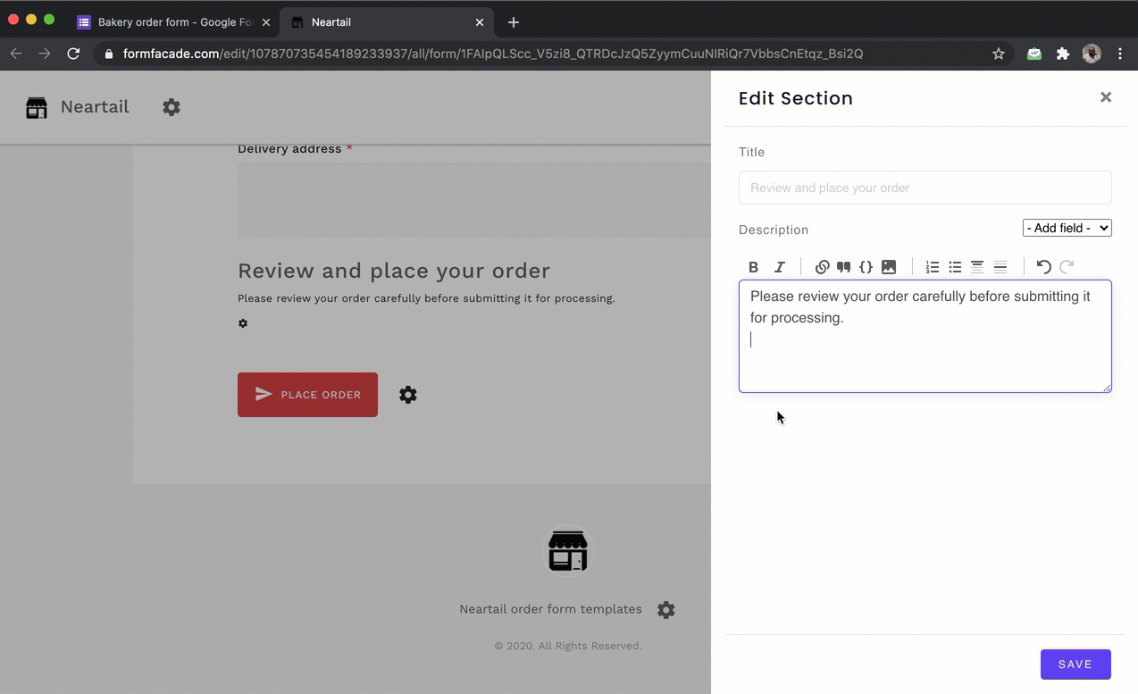 You can use the BILL function to show the list of products selected by the user along with its price and amount so that they can review it before placing their order. If you want to record this bill in Google Forms, you can use the TEXTBILL function.