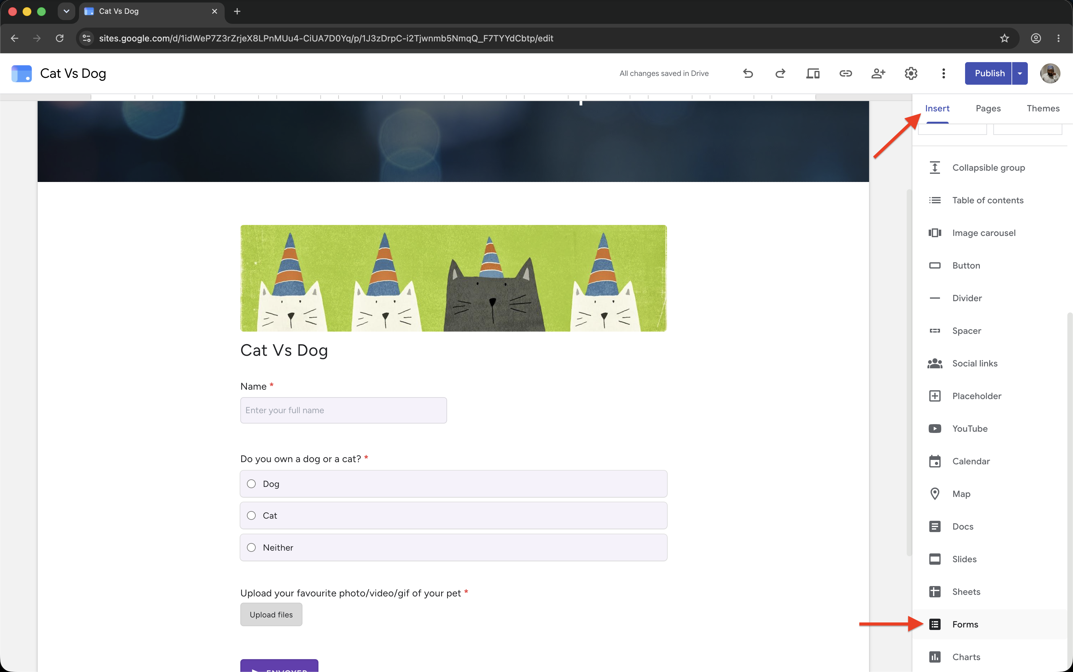 You can use the built-in Insert → Forms or Insert → Embed option in Google Sites, or use the Formfacade add-on for Google Forms to embed the form when you want to remove Google's branding and match your form to your site's theme.