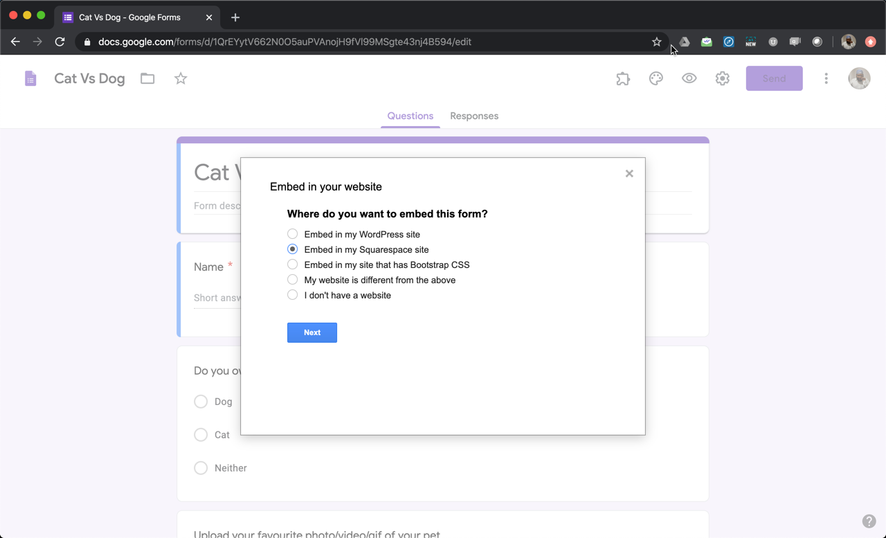 Step 4: Embed options popup will be displayed. Select "Embed in my Squarespace site" and click on the Next button.