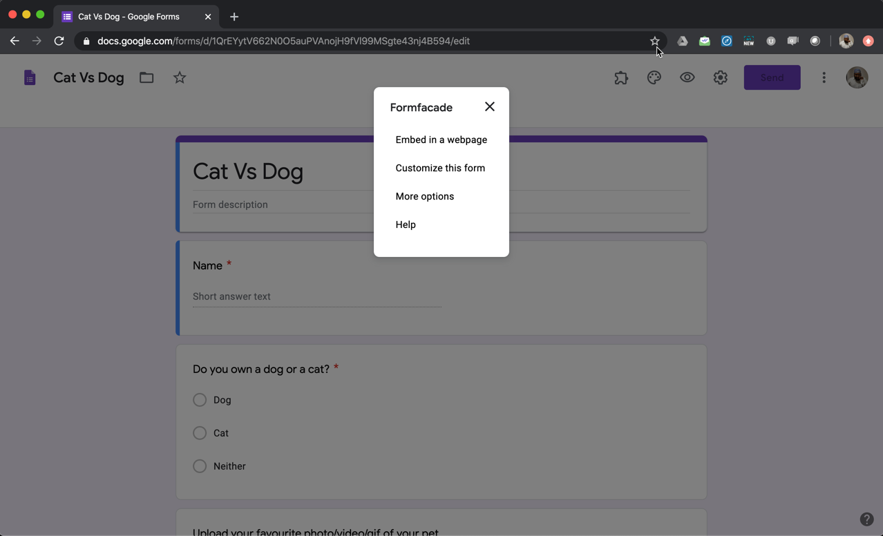 Step 3: Formfacade popup menu will be displayed. Select "Embed in a webpage"