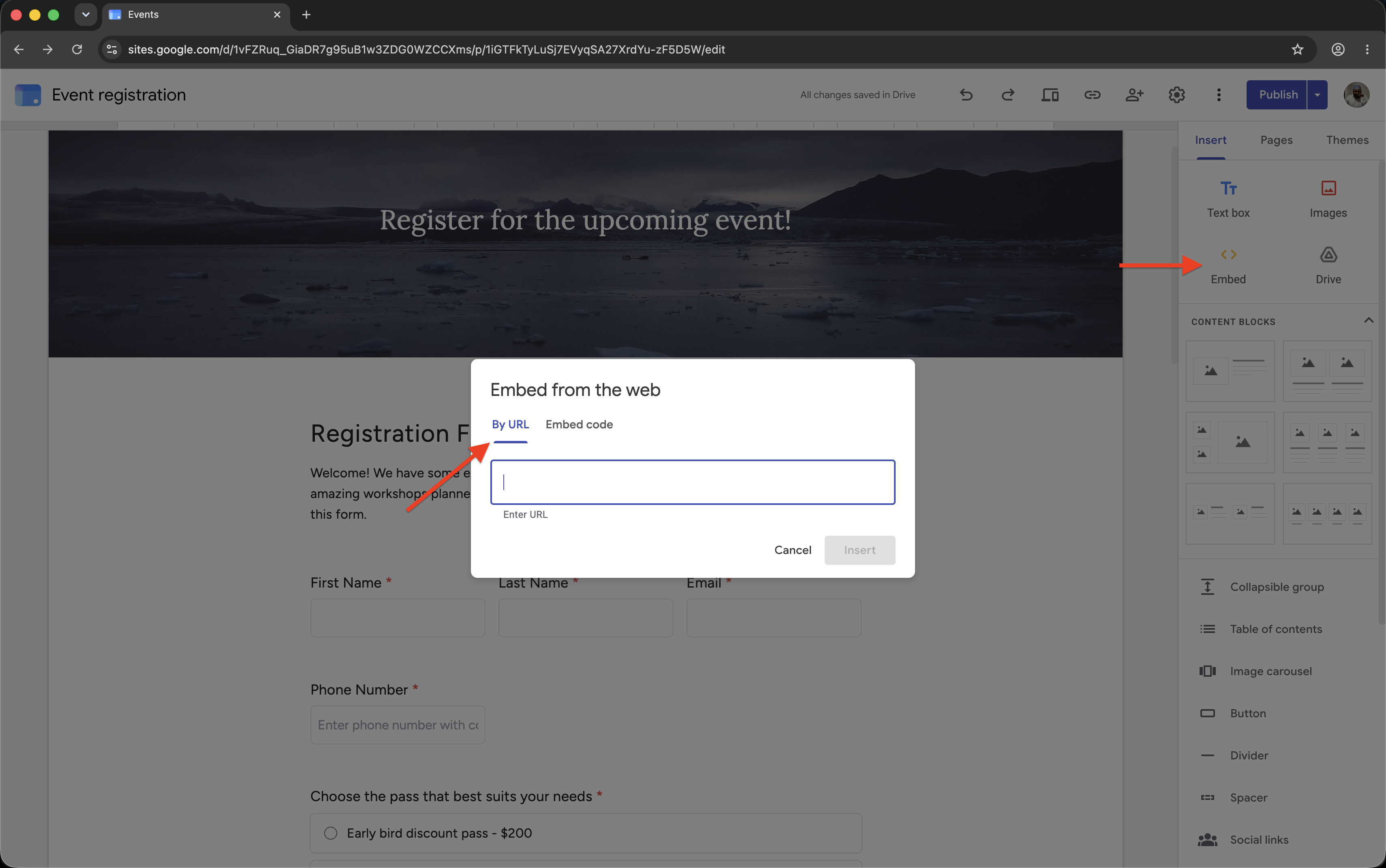 You can use the built-in Insert → Forms or Insert → Embed option in Google Sites, or use the Formfacade add-on for Google Forms to embed the form when you want to remove Google's branding and match your form to your site's theme.