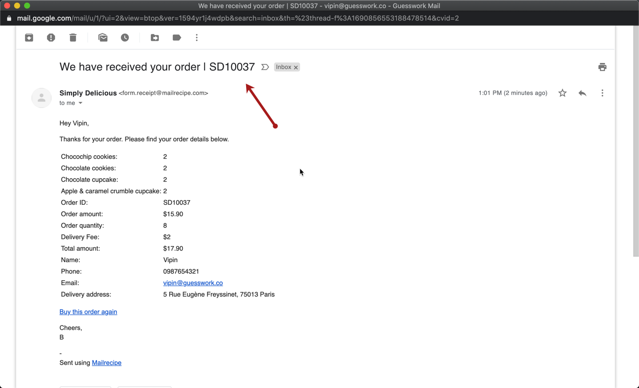 Example order confirmation email with customized subject & Order ID