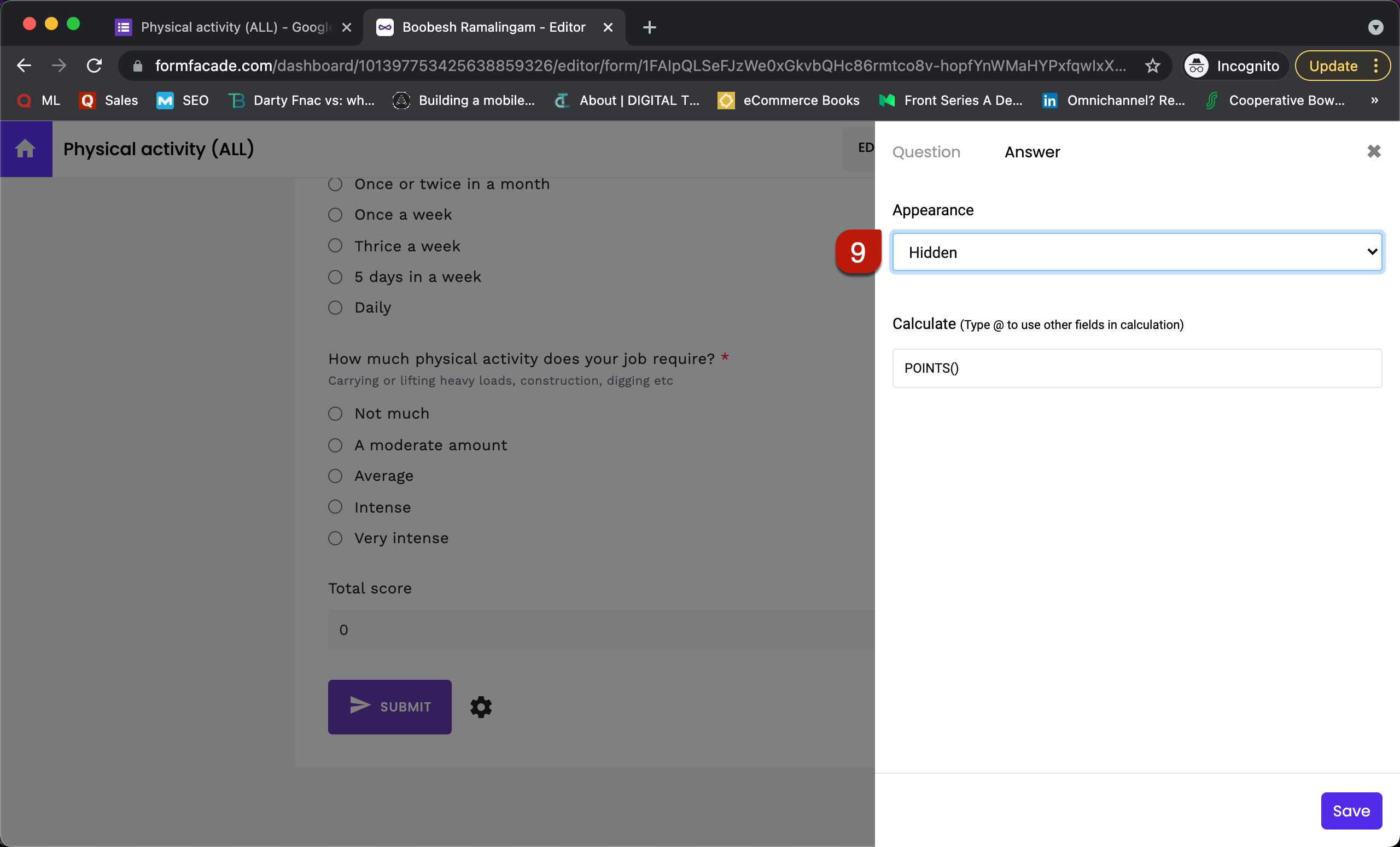 Step 9: Question settings page will be displayed. Click Answer, change the Appearance to hidden and click Save.
