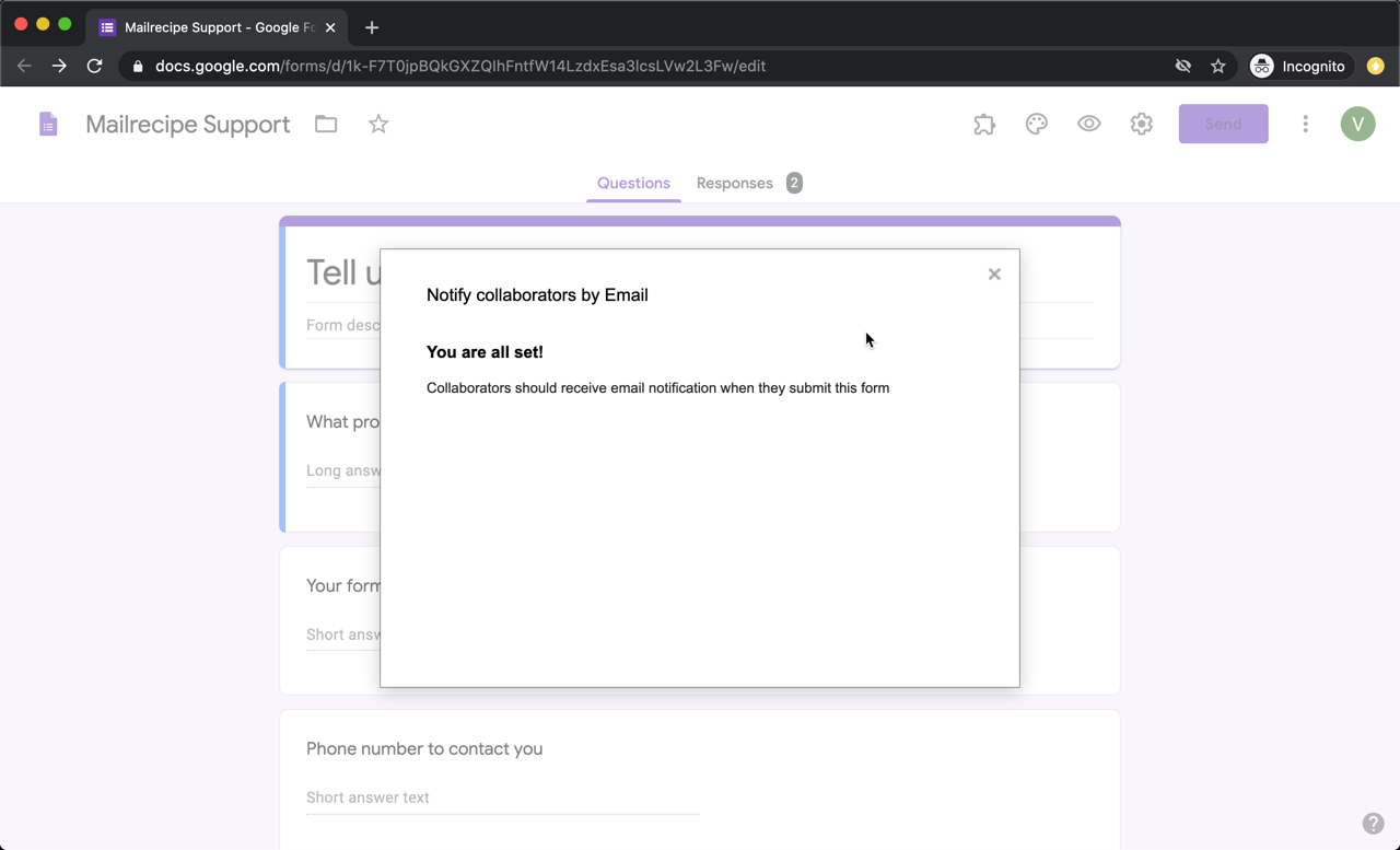 Email notifications enabled when signed in with only the gmail account used to install the add-on