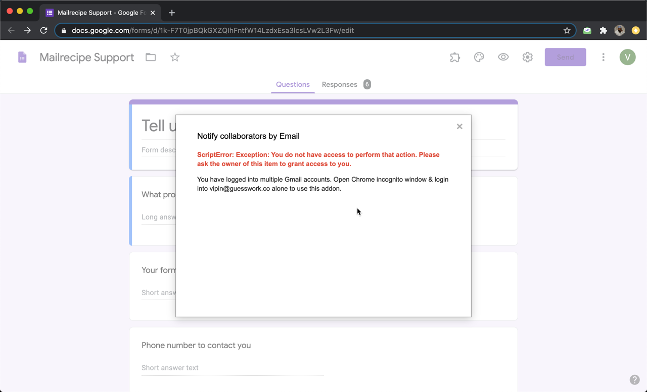 Error when trying to setup email notifications when signed into multiple gmail accounts 