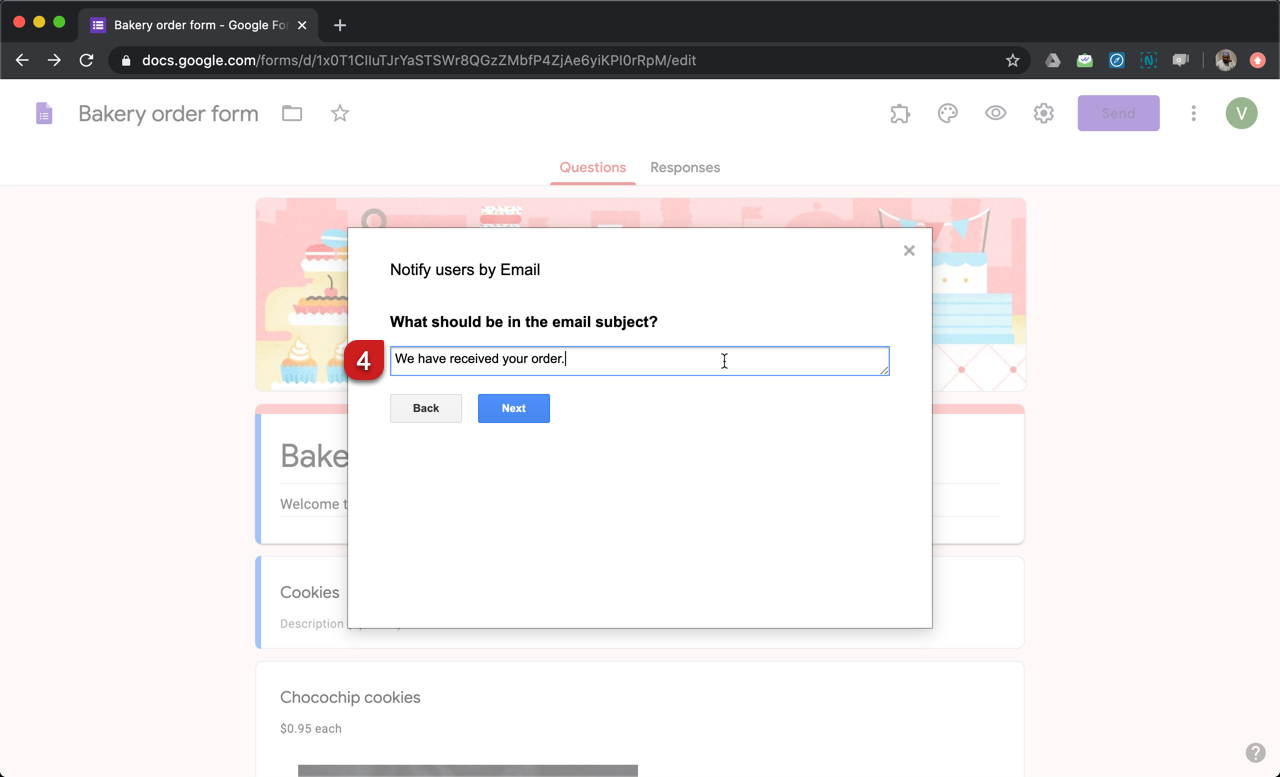Step 4: Configure the subject line for this notification email. You can enter a simple static subject line as shown in the screenshot below or you can use the form fields to personalize the subject for each respondent.