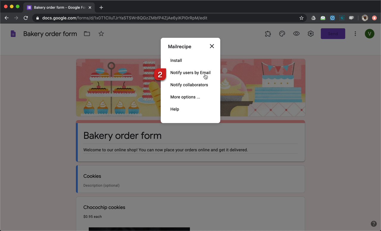 Step 2: Mailrecipe popup menu will be displayed. Select "Notify users by Email".