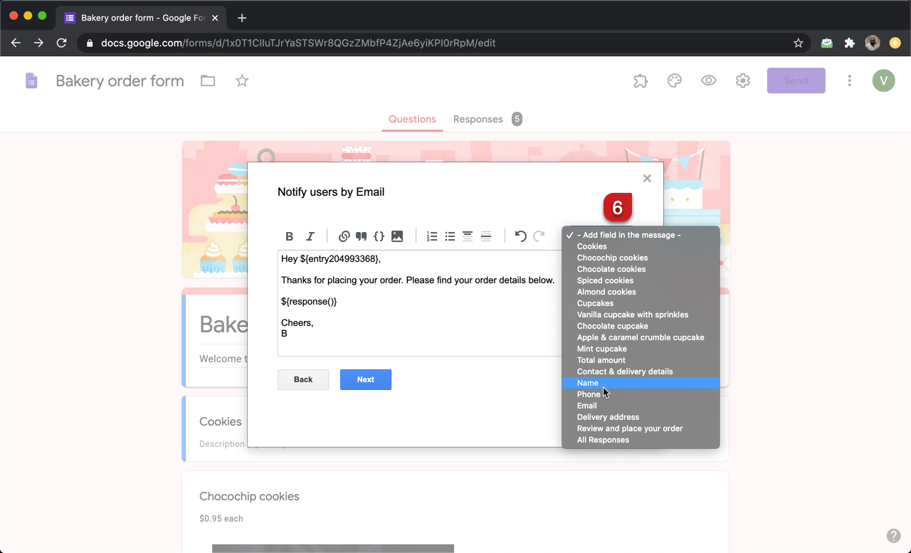 Step 6: To personalize the message using the form responses, you can click on Add Field and select the required field from the list to include it in the message. Once you have customized the message, click on the Next button.