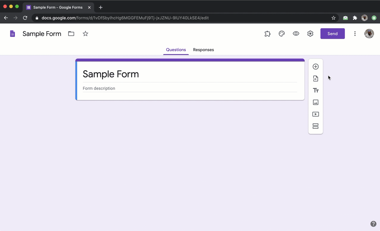 Open your Google Forms, click on the ⨁ Add question icon and choose the required question type. The supported question types are Short answer, Paragraph, Multiple choice, Checkboxes, Dropdown, File upload, Linear scale, Multiple choice grid, Checkbox grid, Date and Time.