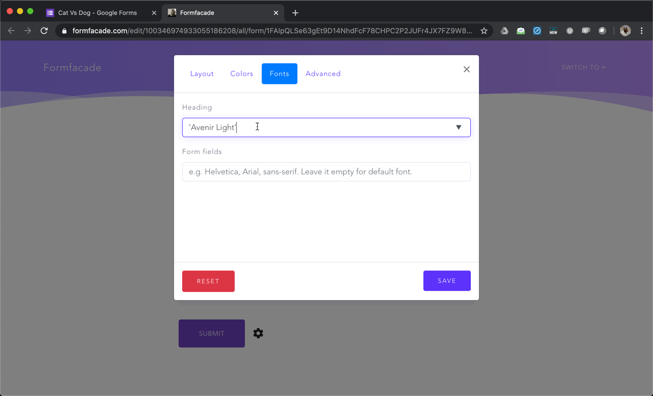Option #2: If you don't see the font listed in the dropdown, enter the name of the font that you want to use. Please note that if the font name contains space, it must be quoted. For example: 'Avenir Light'