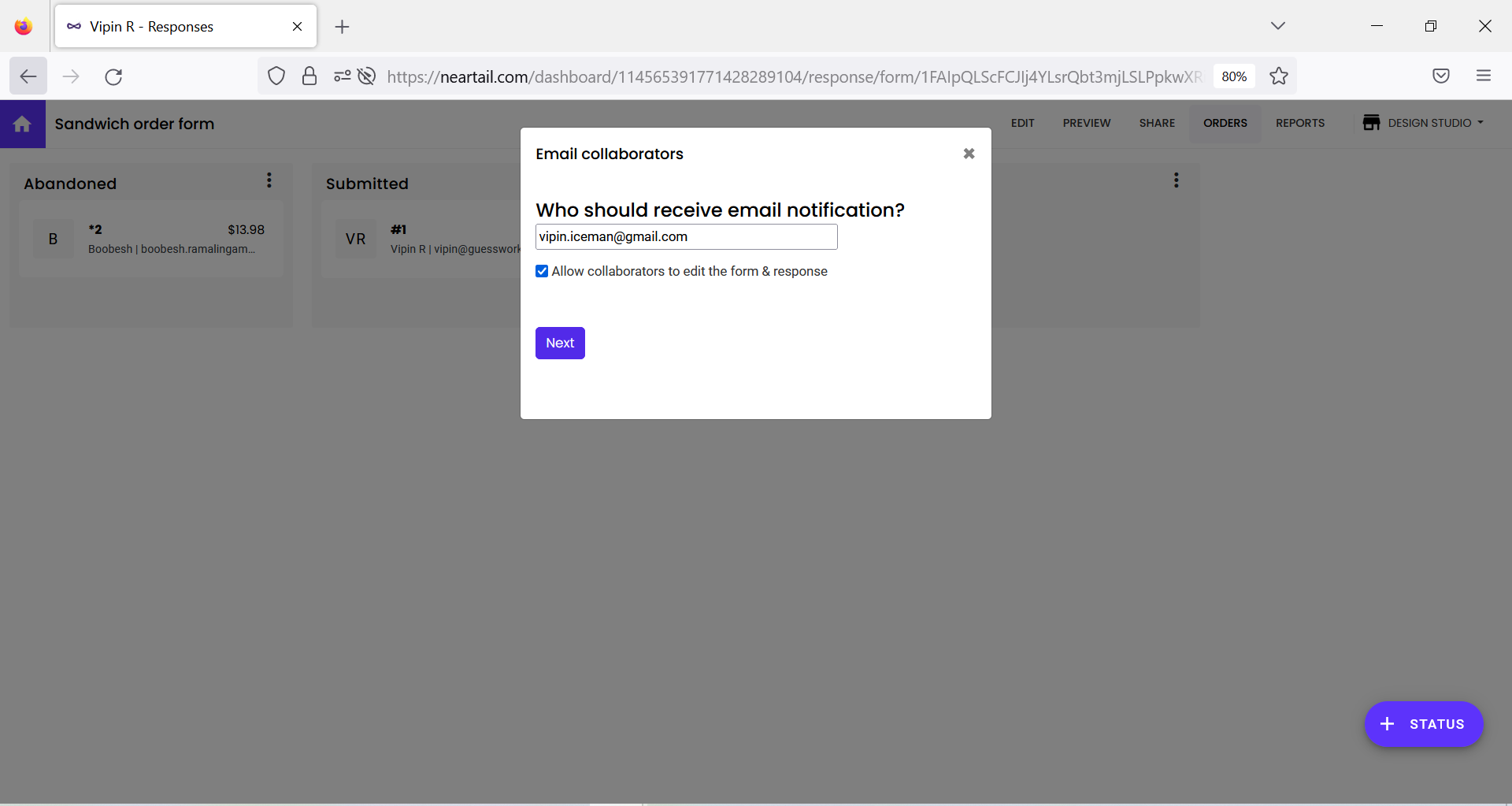 Step 4: Email collaborators setup wizard will be displayed > enter the email address and click Next