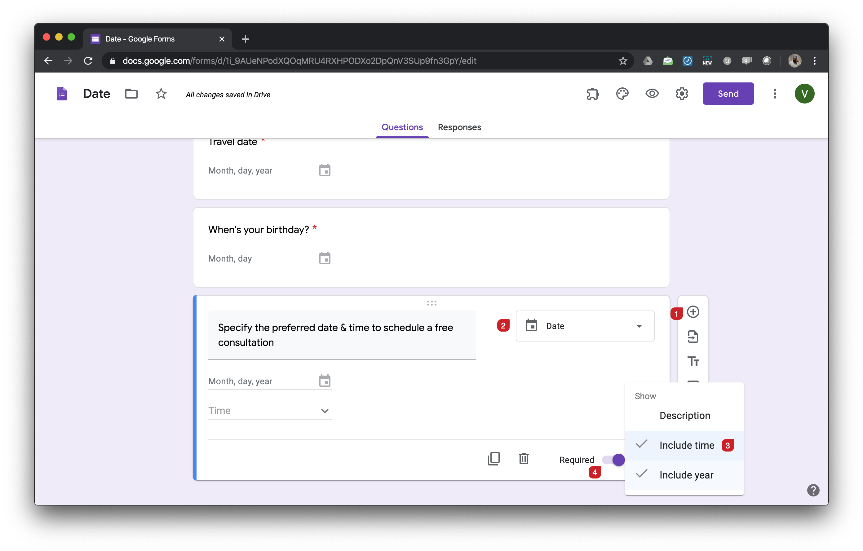 Date question allows users to fill any date. You can customize this question to collect just the day and month, or include optional year and time. 