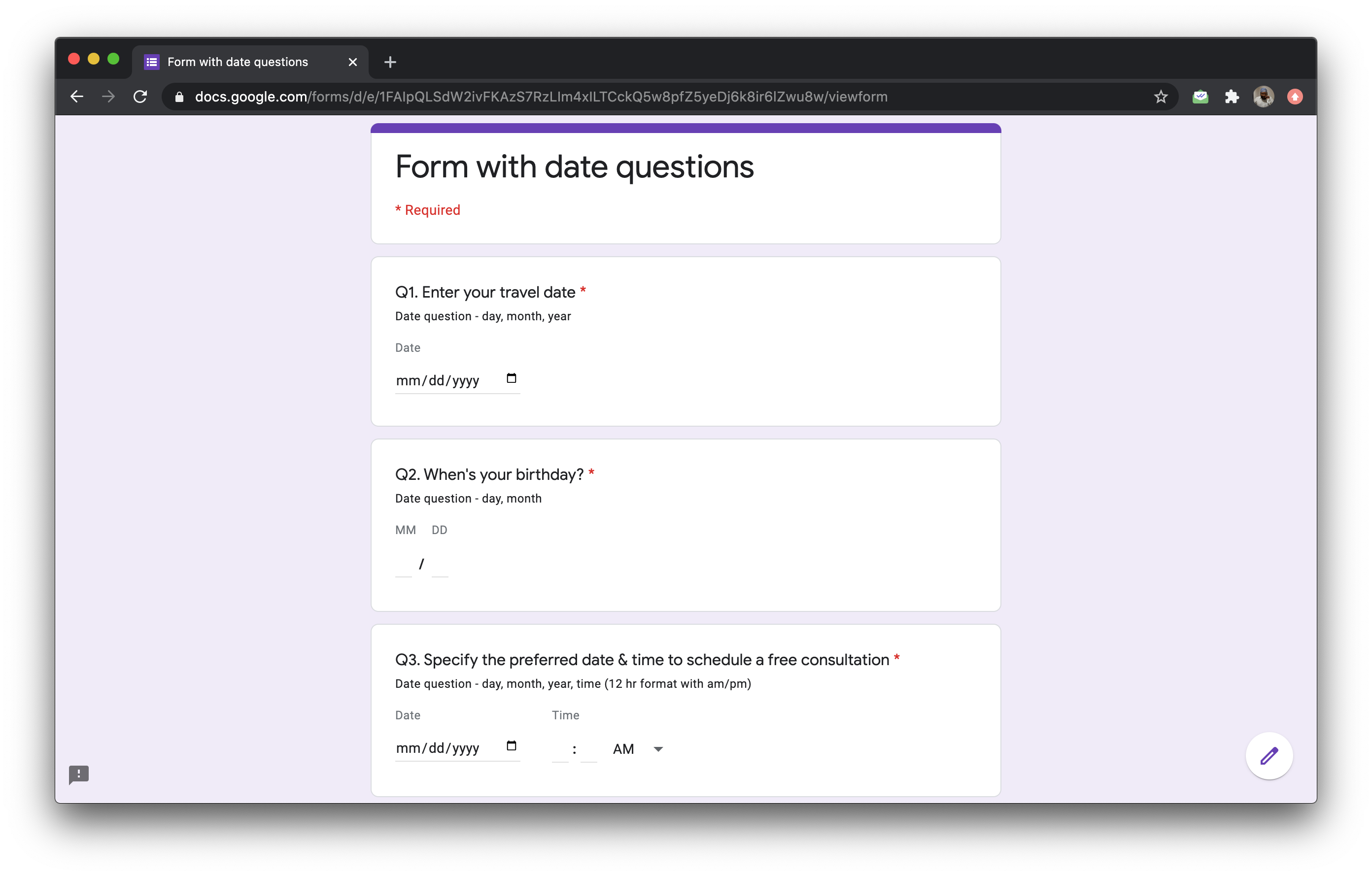 Date question allows users to fill any date. You can customize this question to collect just the day and month, or include optional year and time. 
