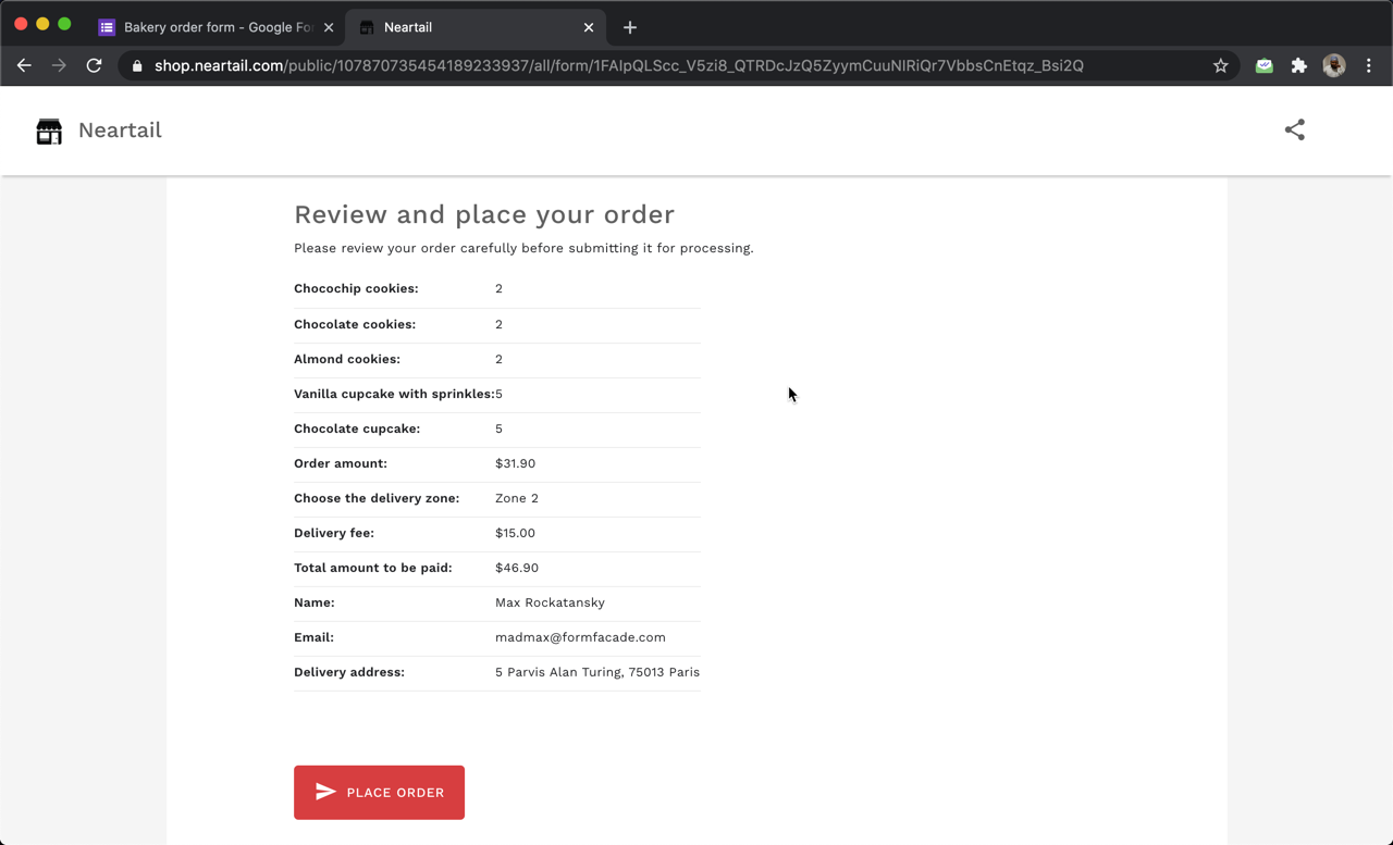 You can use the ${SUMMARY(true, true)} formula  to show the complete order details filled by the user. This is very useful if you want the users to review their contact and delivery details or if your order form offers customizable products.