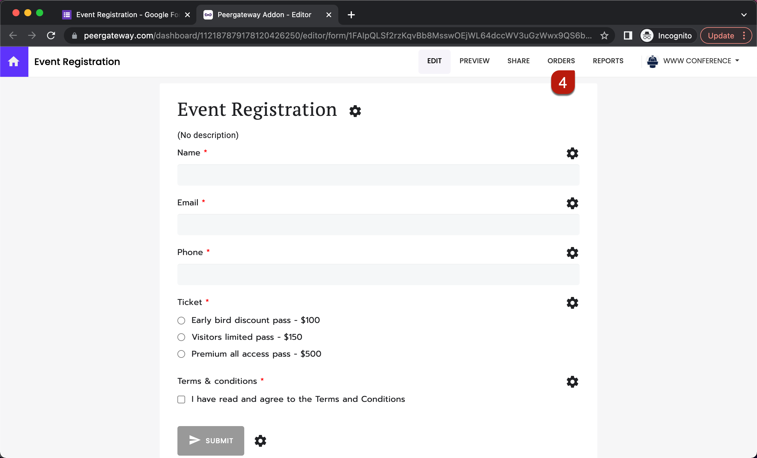 Step 4: Edit page will open in a new tab. Click Orders.