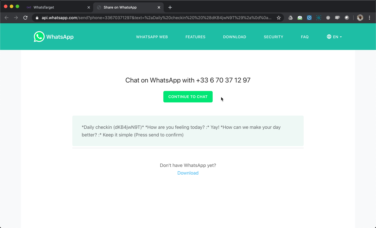 Step 3: Your form response will be pre-filled as a WhatsApp message that can sent by clicking on the "Continue to chat" button.
