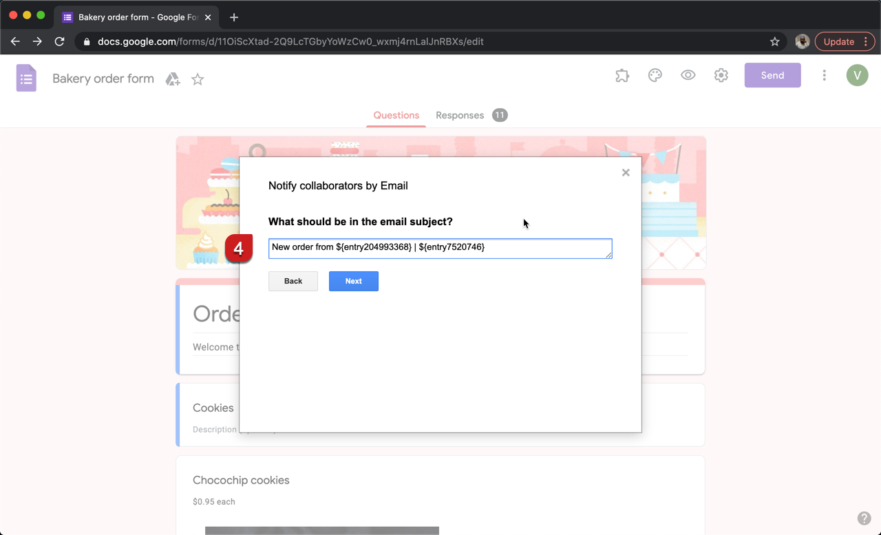Step 4: Configure the subject line for this notification email. You can enter a simple static subject line or you can use the form fields to personalize the subject as shown in the screenshot below
