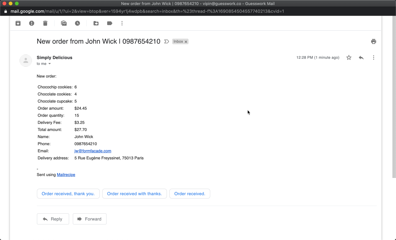 You can use the Notify collaborators option in Mailrecipe to receive email notifications for new orders. You can customize this email to include just the list of products ordered or the complete order information including customer contact & delivery details.