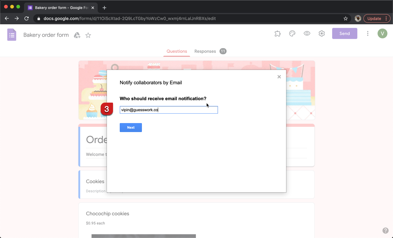 Step 3: Email notifications setup wizard will be displayed. Enter the email address and then click on the Next button. To notify multiple users, you can enter a list of email addresses or an email group separated by commas.