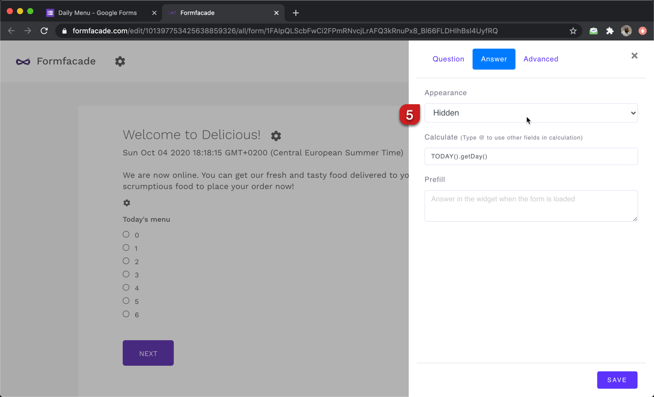 Step 5: The only purpose of this question is to navigate to the correct daily menu for the day without user's input. Since we are automatically calculating the day of the week, we can hide this question by changing the appearance to hidden as shown below.
