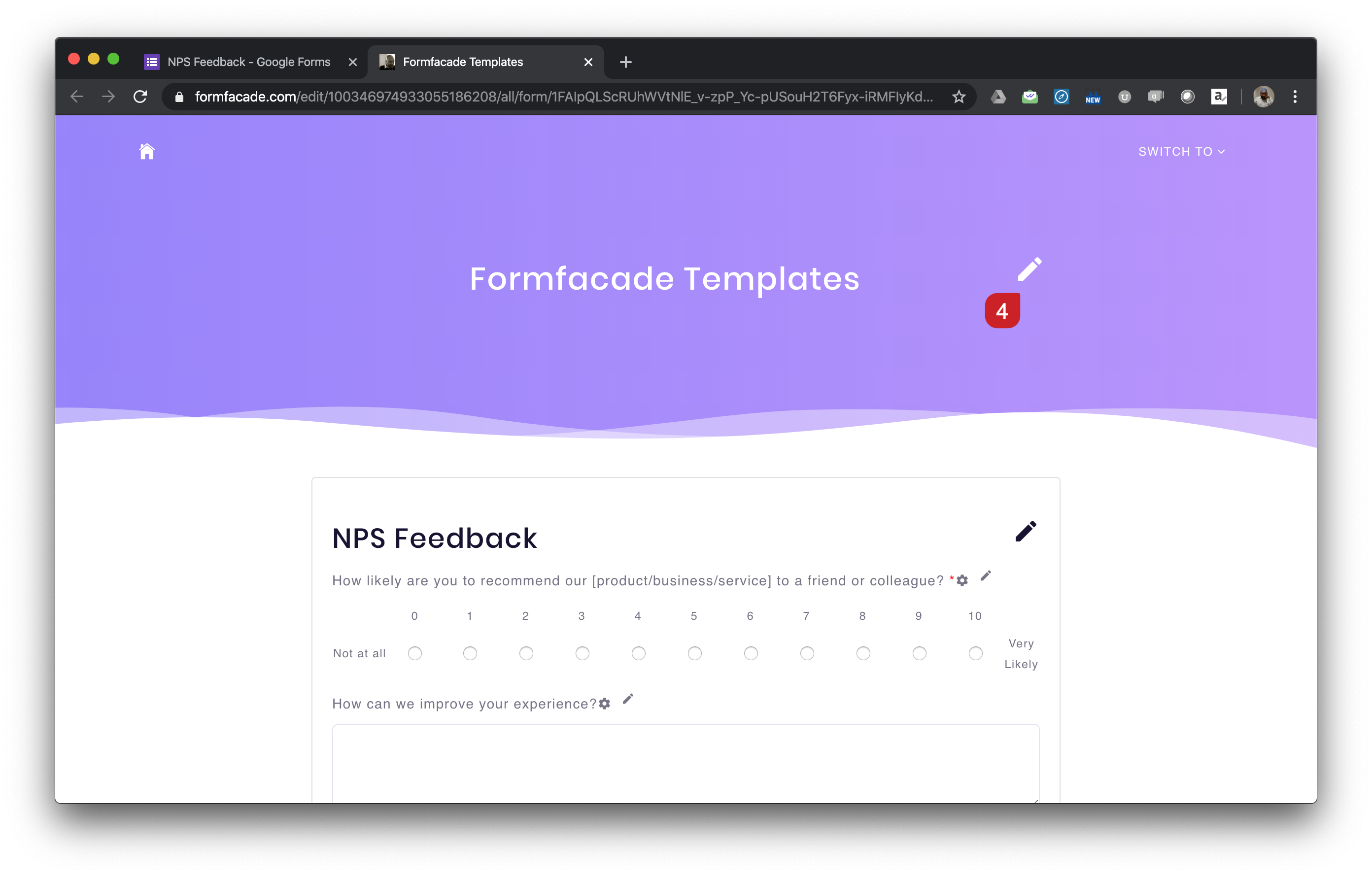 Click on the "Edit" icon in the header to open form preferences screen