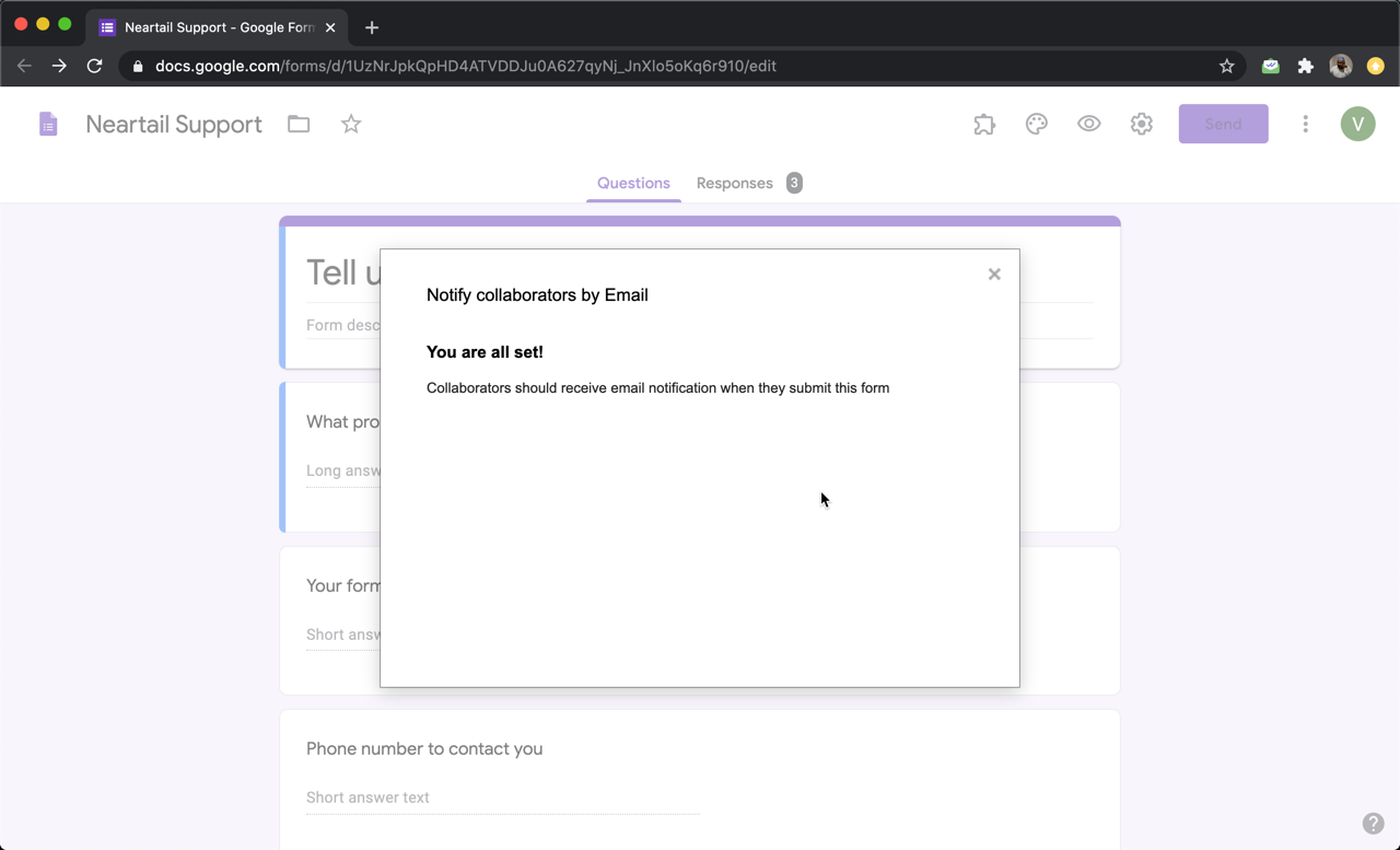 If the test is successful, collaborators will receive the notification email for new responses.