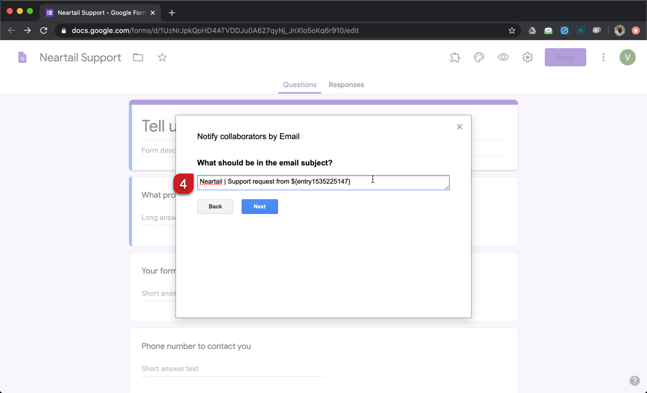 Step 4: Configure the subject line for this notification email. You can enter a simple static subject line or you can use the form fields to personalize the subject as shown in the screenshot below