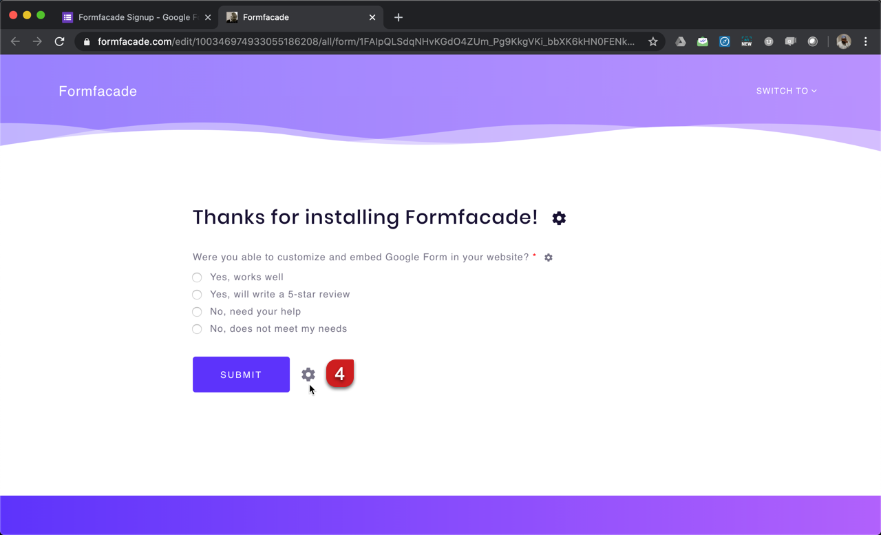 Step 4: Formfacade customize admin interface will open in a new tab. Click on the gear icon next to the Submit button.
