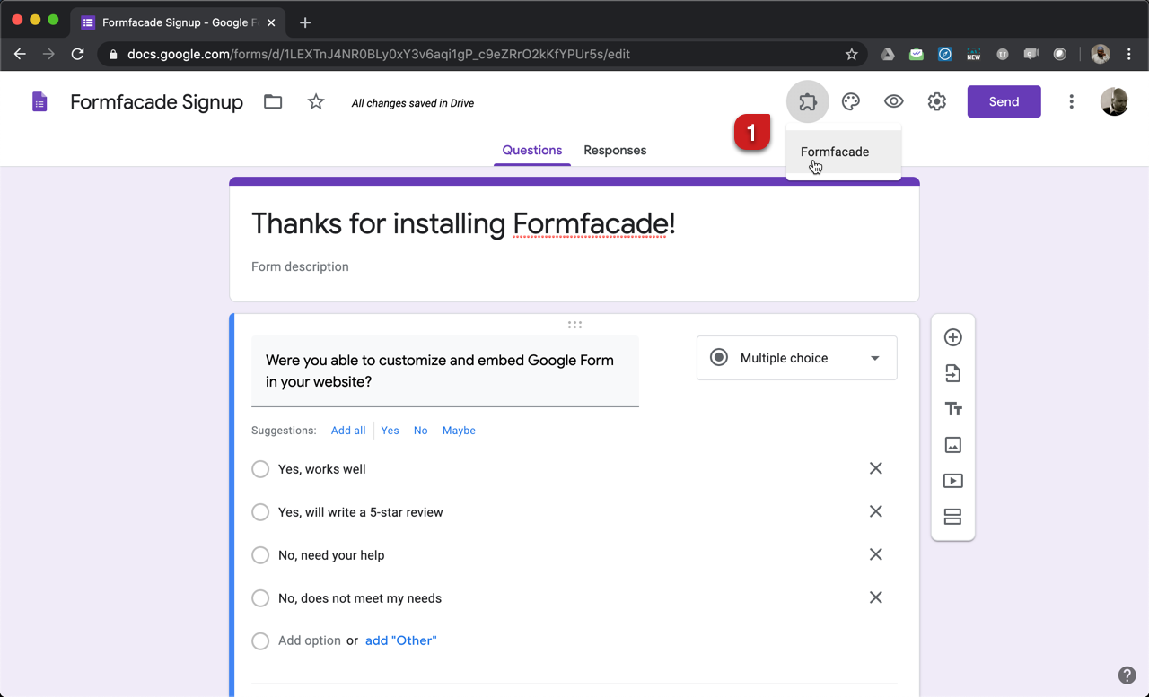 Step 1: Open your Google Form, click on the add-on icon and select "Formfacade"