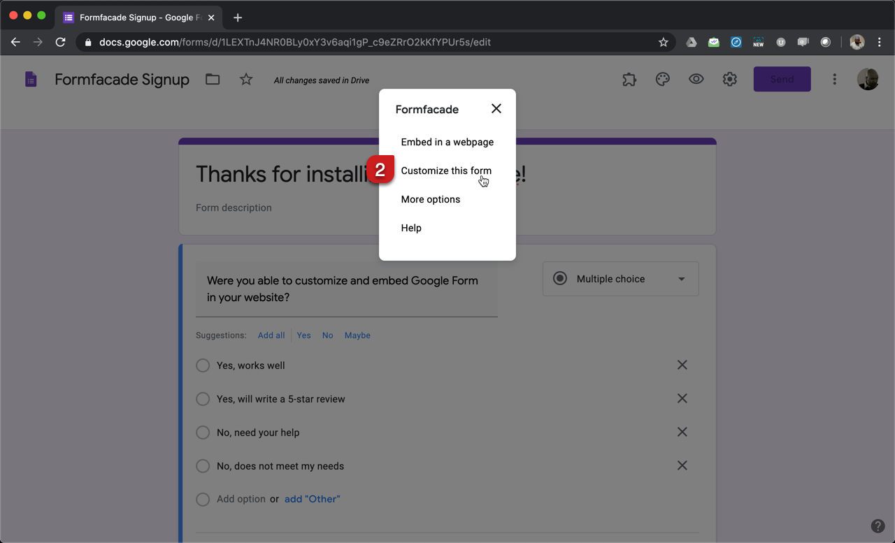 Step 2: Formfacade popup menu will be displayed. Select "Customize this form"