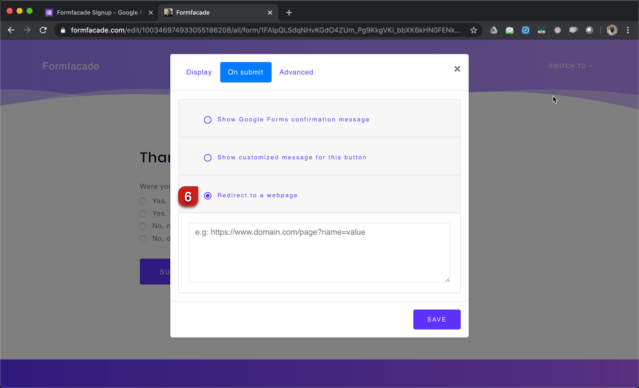 Step 6: Select "Redirect to a webpage". You can enter the url for simple redirection. For conditional redirection, we must use the IFS function or javascript if/else statement.
