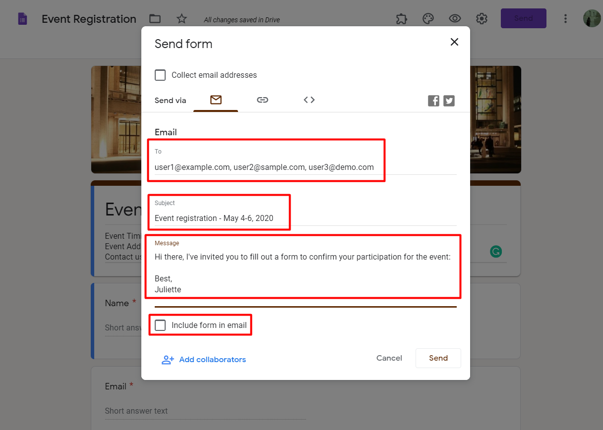 There are 3 ways you can embed a Google Form for your visitors to fill out.  Within an email, send a link or embed within your web page.