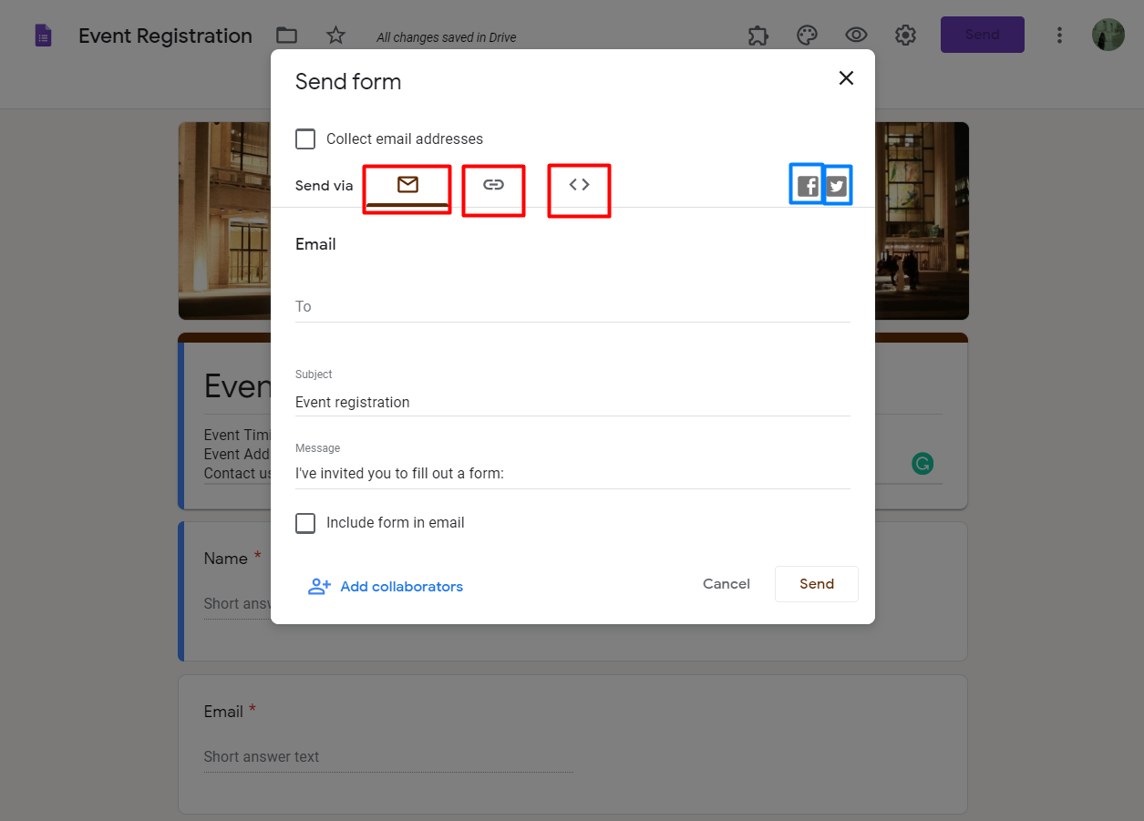 There are 3 ways you can embed a Google Form for your visitors to fill out.  Within an email, send a link or embed within your web page.