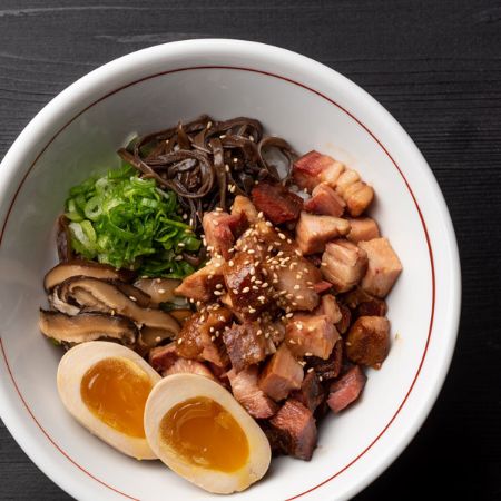 PORK CHASHU BOWL - slow-braised pork chashu, kikurage, green onion, seasoned egg* and sesame seeds