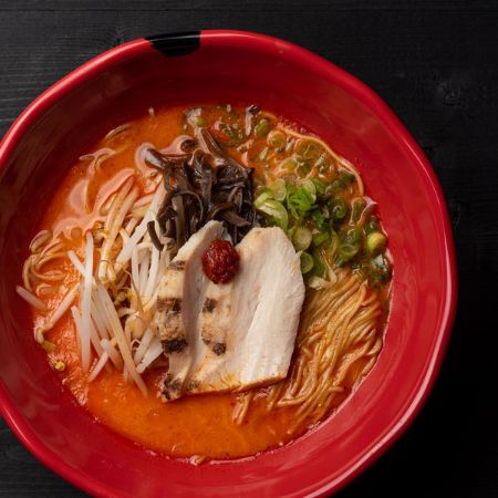 SPICY CHICKEN RAMEN - chicken broth: chicken chashu, kikurage, spicy bean sprouts and green onion, served with thin noodles (MILD, SPICY, HOT)