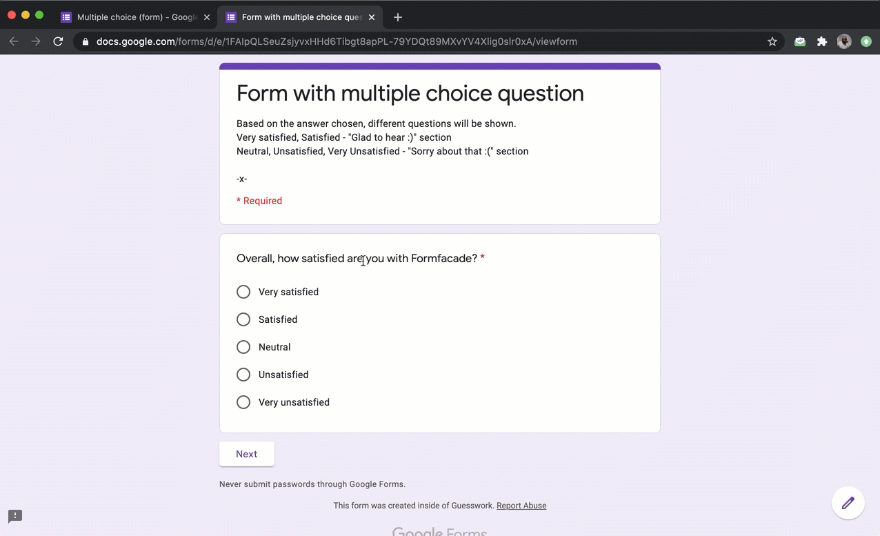 You can use the Go to section based on answer option for multiple choice question so that users only see certain sections based on their answers.