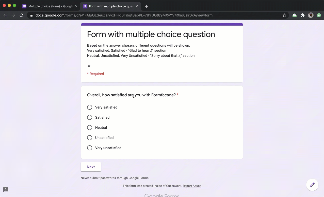 Formfacade How to show different questions based on answers in Google