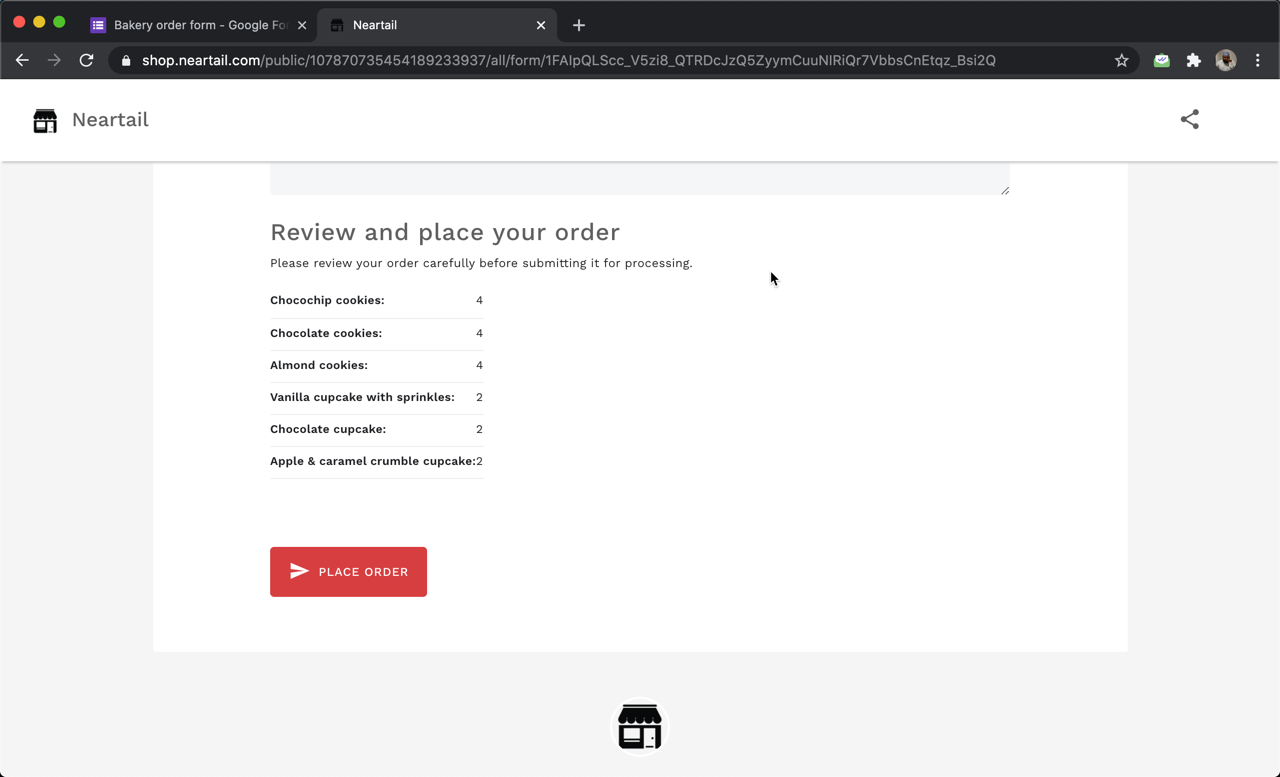 You can use the SUMMARY function to show the list of products selected by the user so that they can review it before placing their order. If you want to record this order summary in Google Forms, you can use the TEXTSUMMARY function.