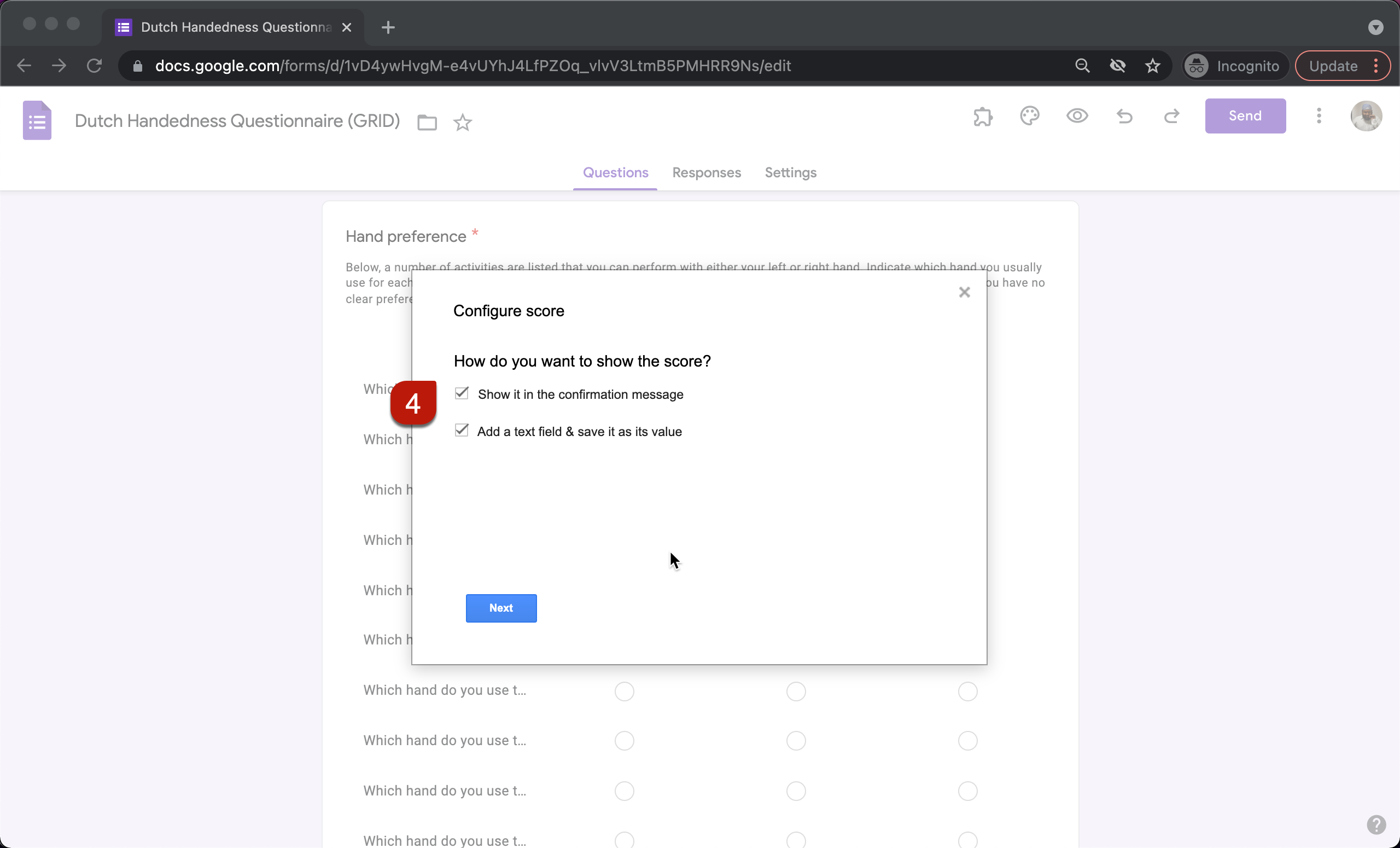Step 4: Enable the option to record the score in Google Forms, show it in the confirmation message and click Next.