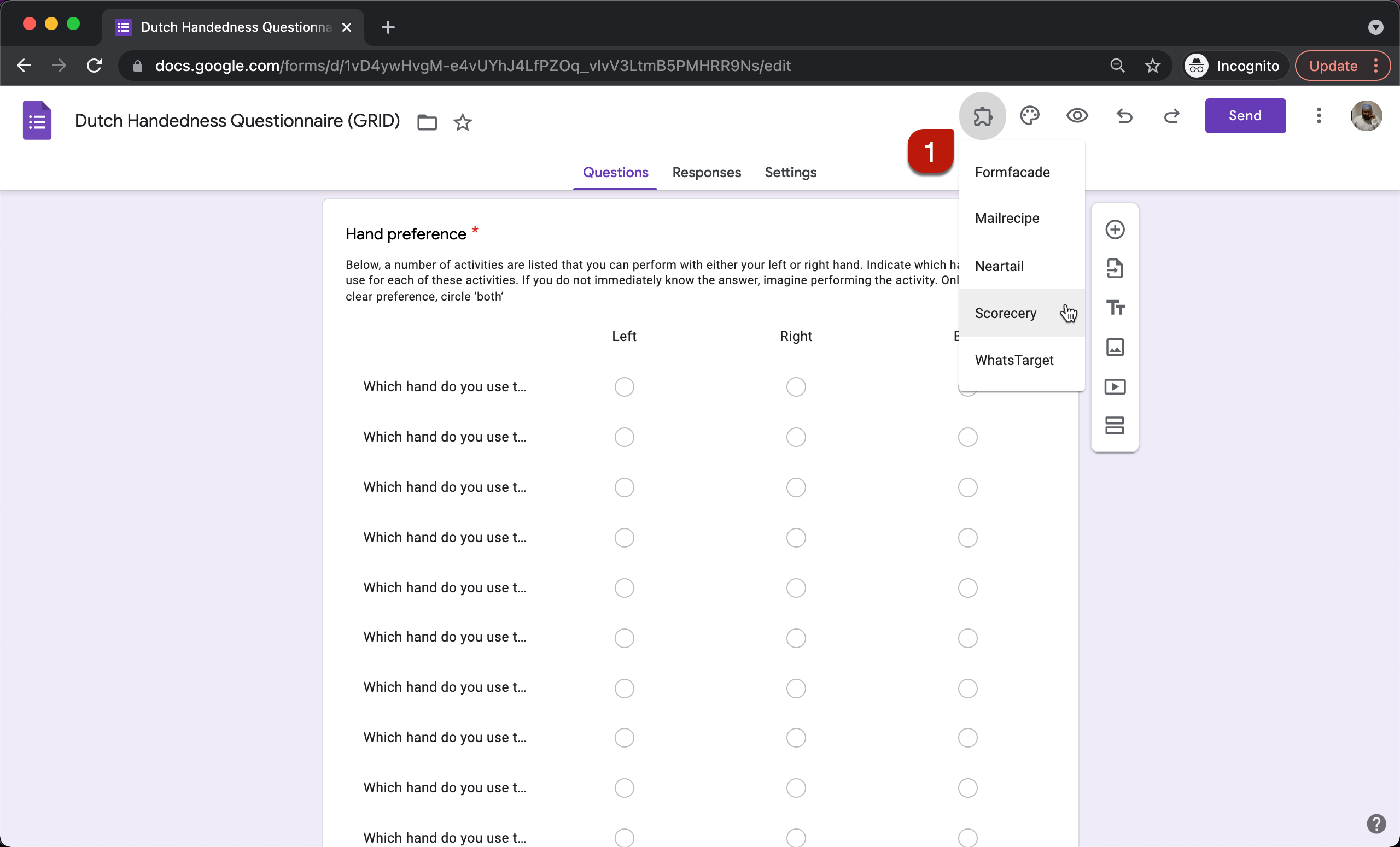 Step 1:  Open your form in Google Forms. Click on the addon icon and click Scorecery.