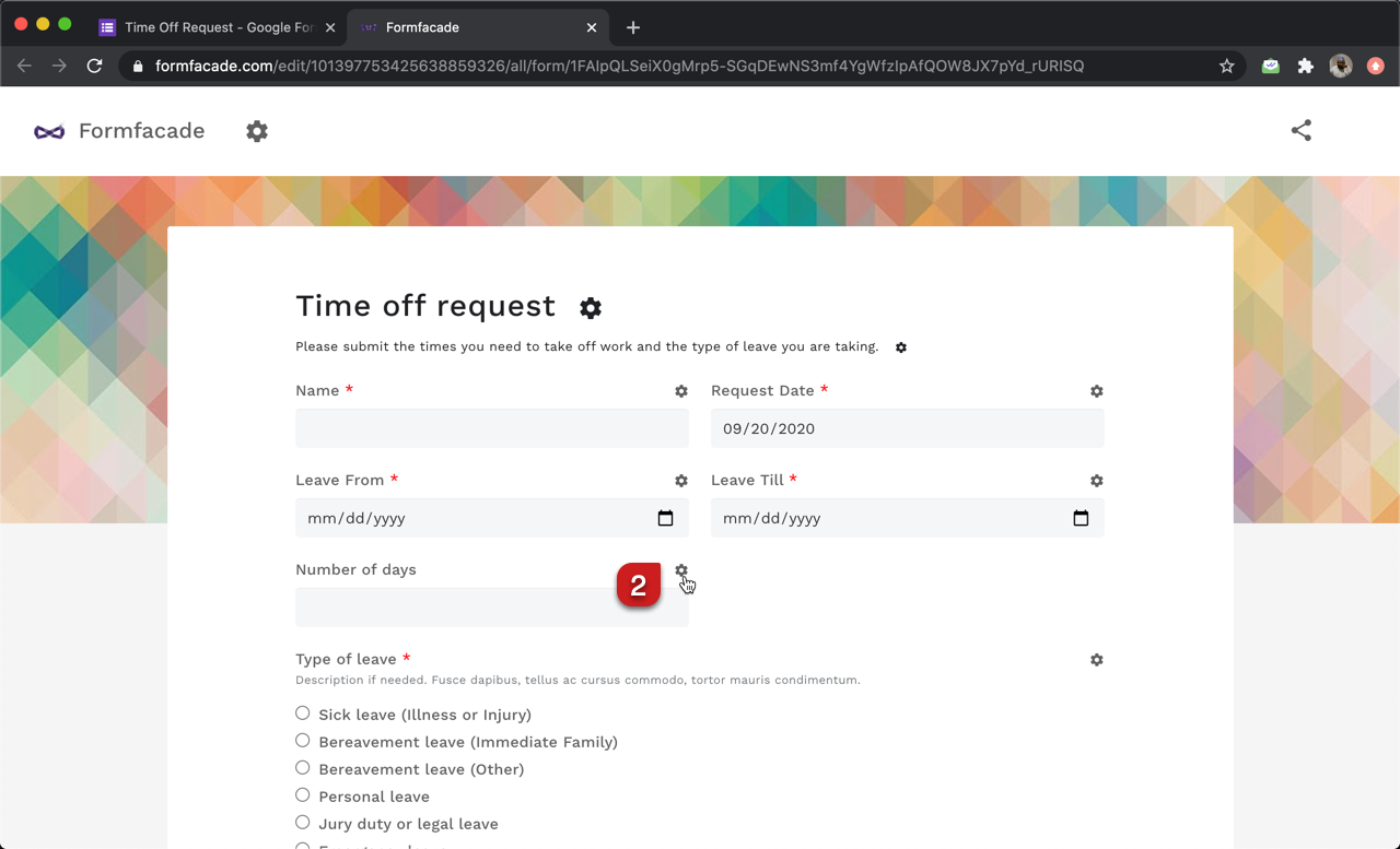 In the Formfacade customize interface, click on the ⚙️icon next to the short answer question for number of days.