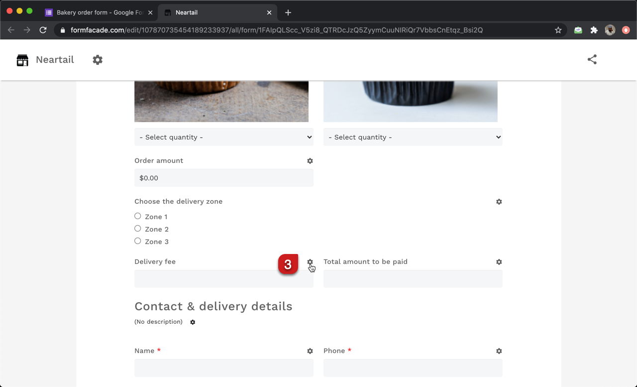 In the Neartail customize interface, click on the ⚙️icon next to the short answer question for delivery fee.