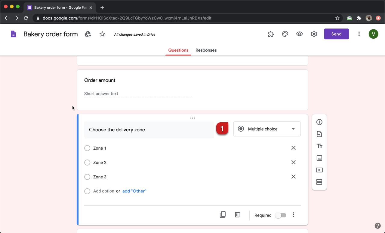 Step 1: Add a multiple choice question with the delivery zones as answer choices in Google Forms.