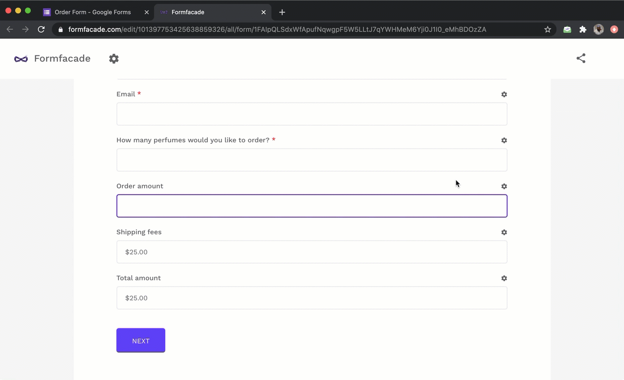 Google Forms does not support dynamic calculations, but you can use Formfacade's calculate field option to automatically compute and display the data in real-time to the user filling the form. 