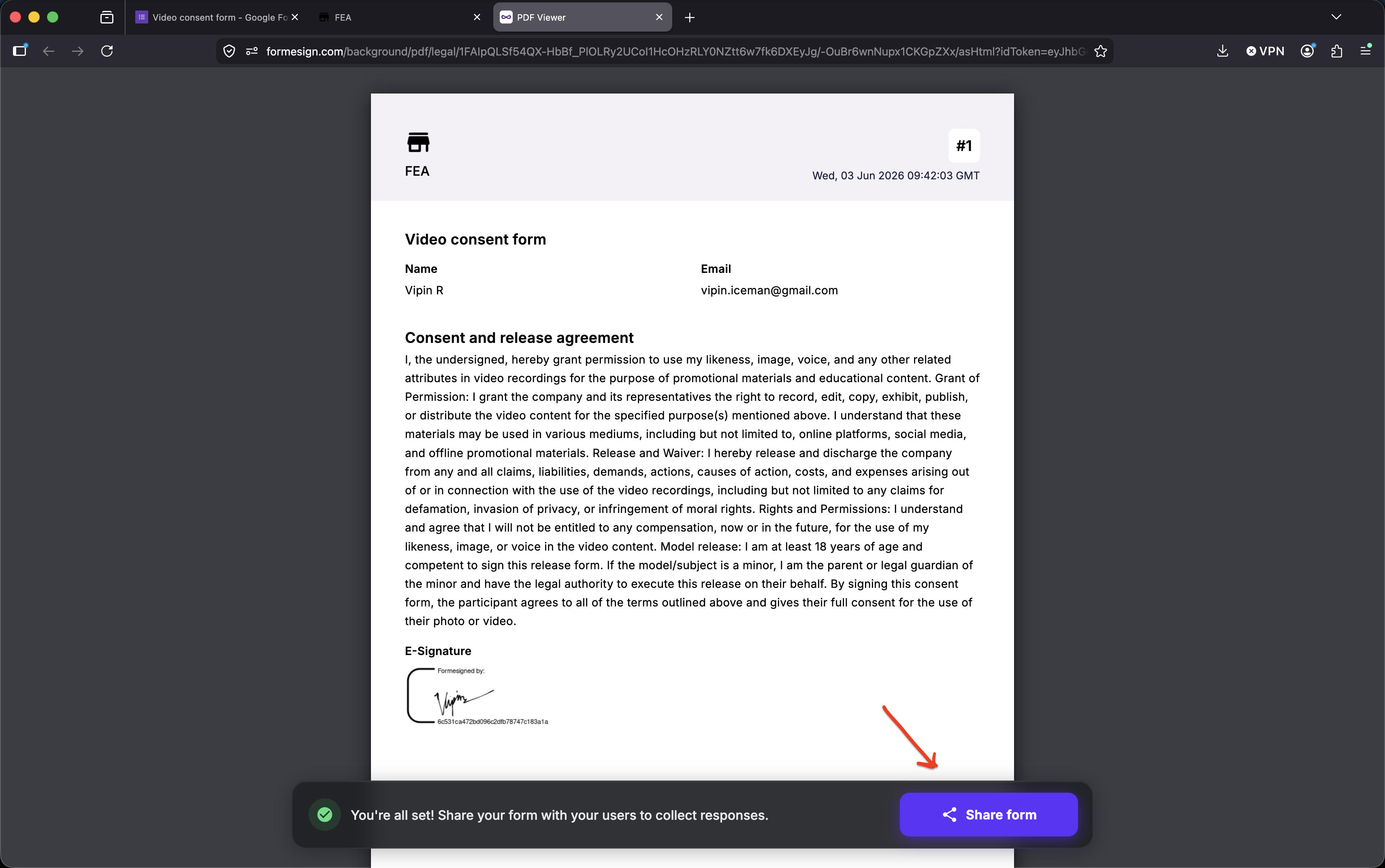 Step 10: Review the document carefully to ensure all form data, signatures, and formatting are correct, then click Share Form
