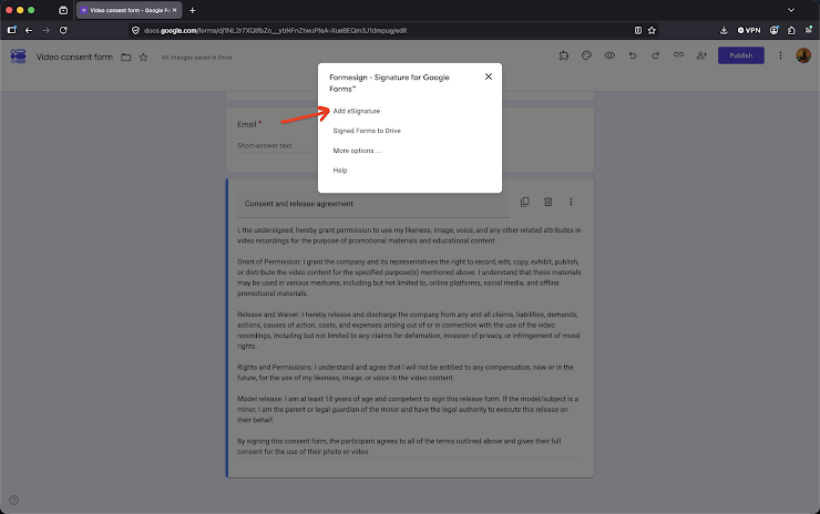 Step 2: Formesign addon menu options will be displayed > click Add eSignature