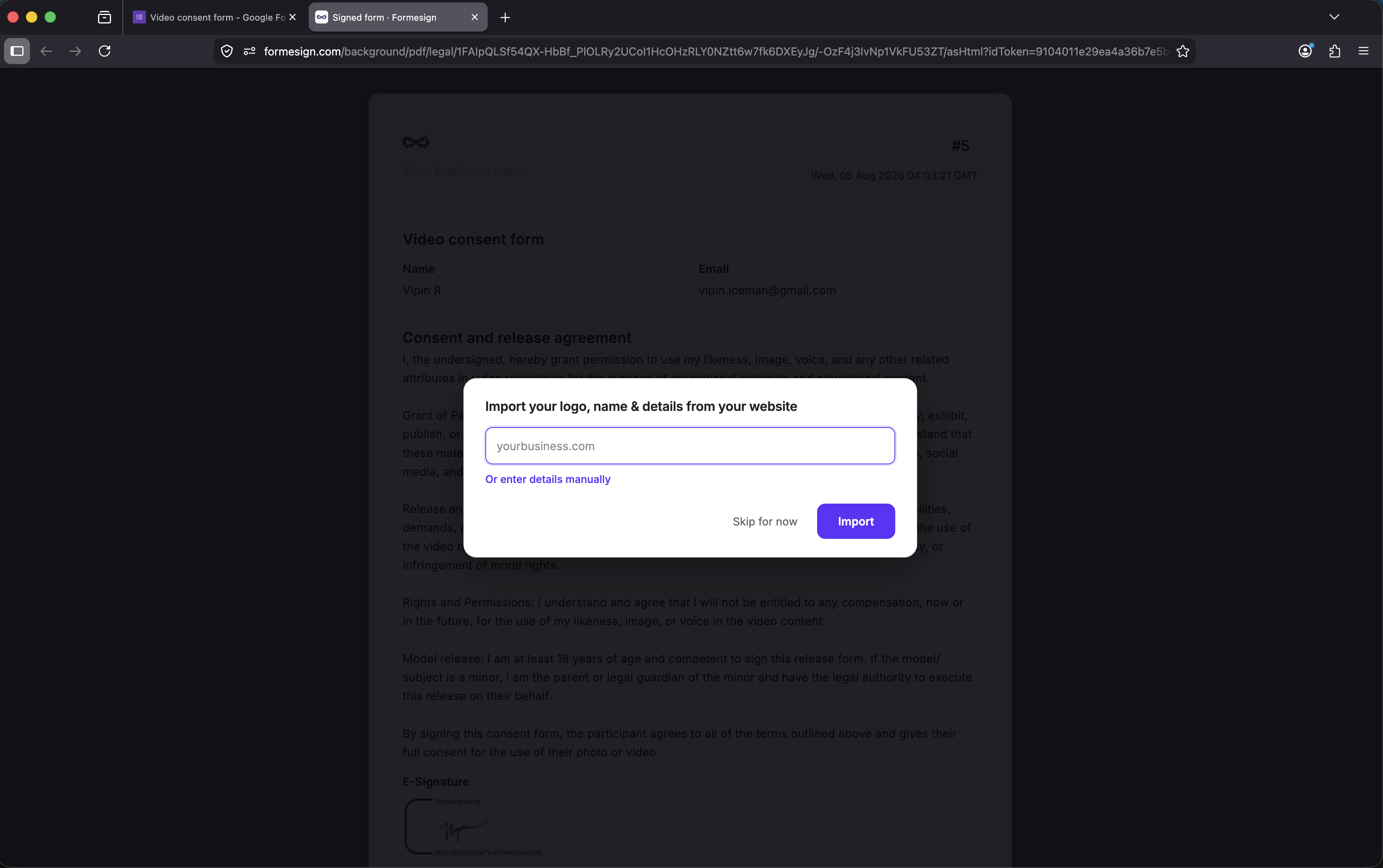 Step 9: Enter your website to automatically import the logo, name & other details and click Import or enter the data manually.