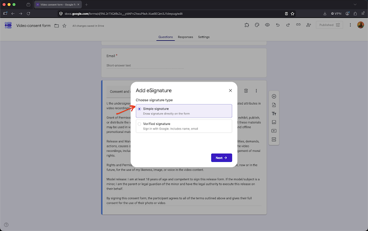 Step 3: Setup wizard will be displayed > select Simple signature and click Next