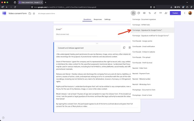 Step 1: Open your form in Google Forms > click on the addon icon > click Formesign - Signature for Google Forms